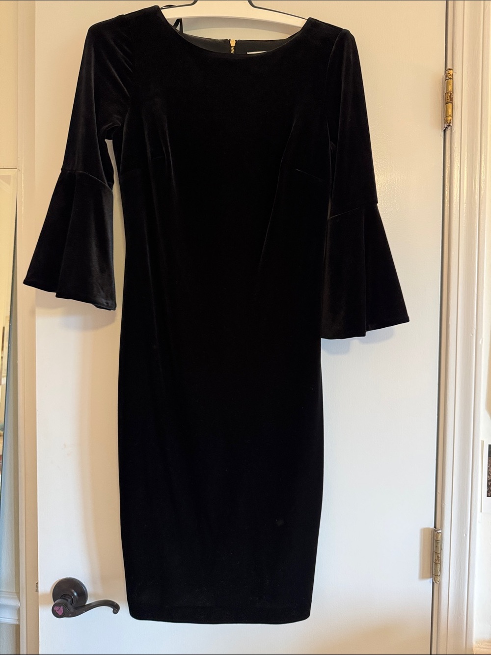 Calvin Klein Black Velvet Midi Dress with Bell Sleeves